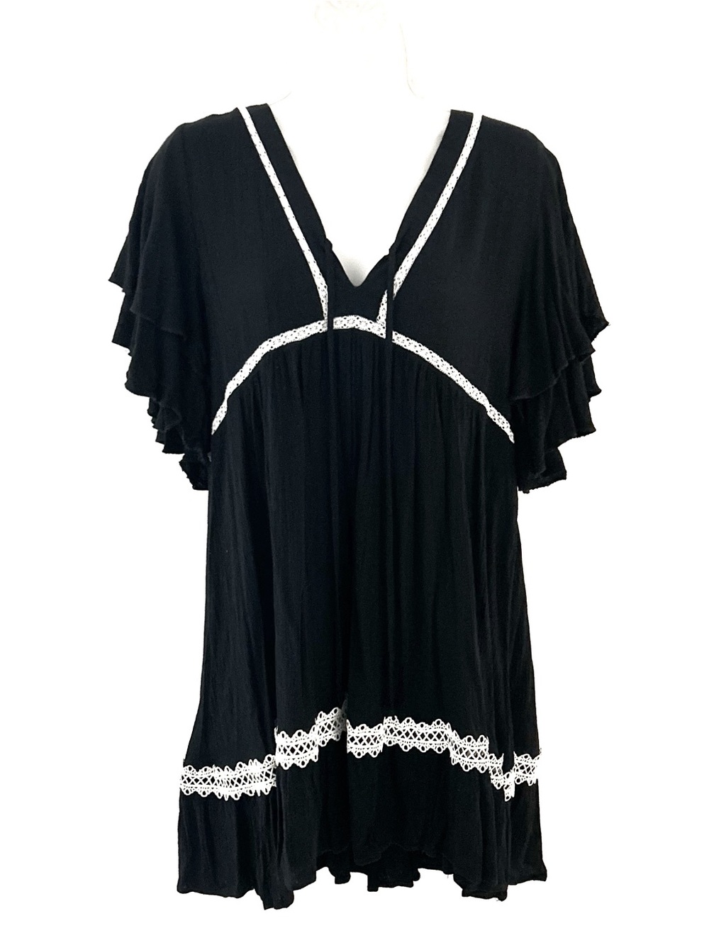 Umgee Black Tunic Dress with White Lace Trim